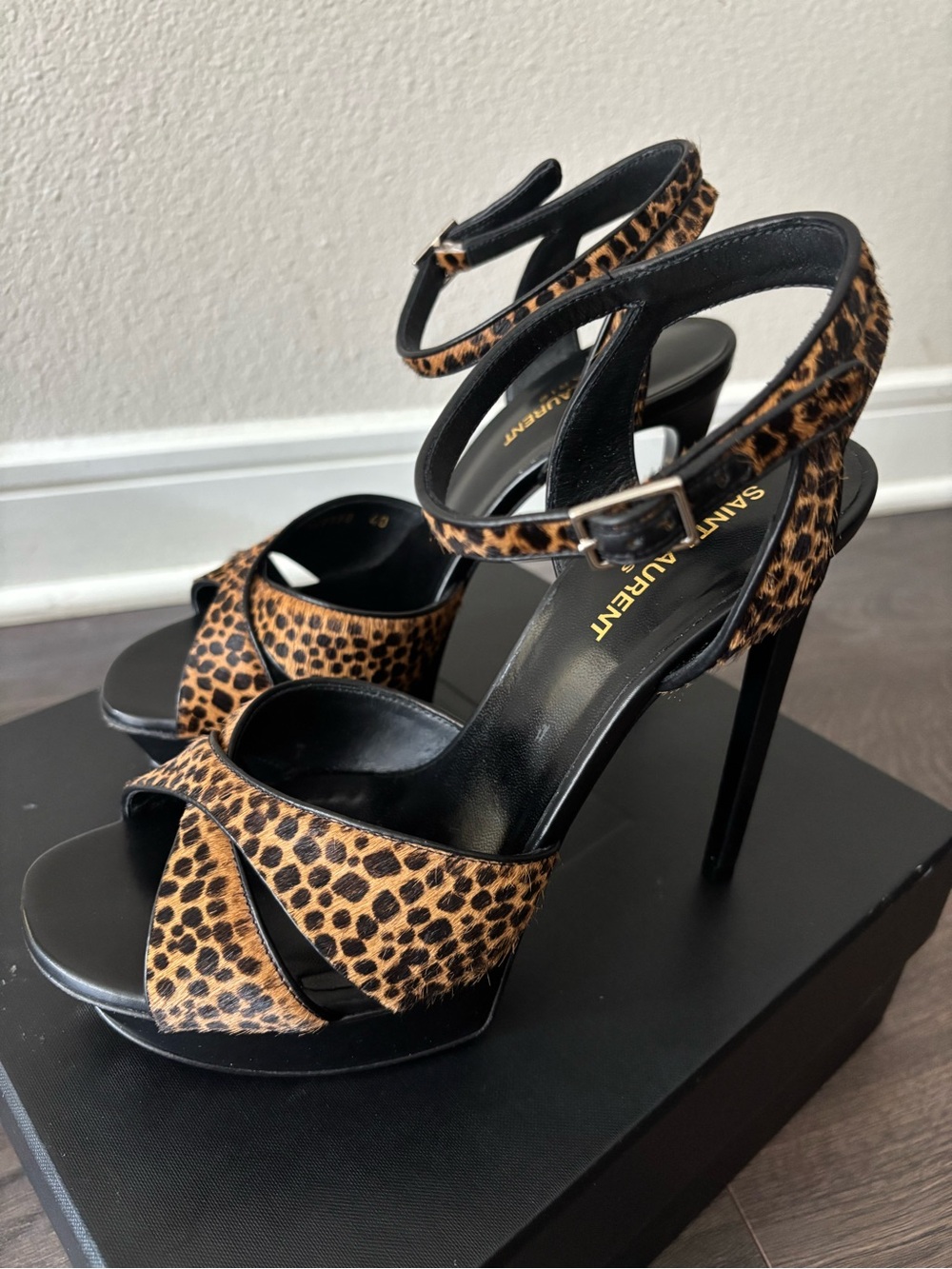 Saint Laurent Leopard-Print Ankle-Strap Platform Heels - Brown/Black